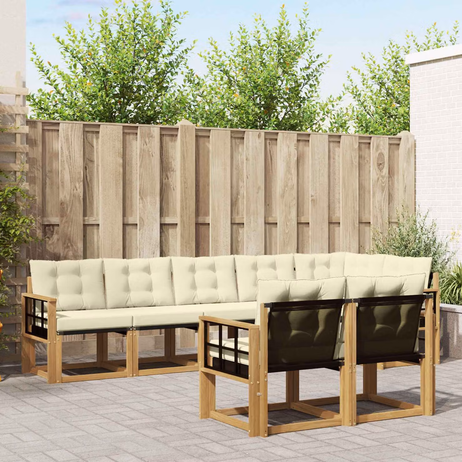 vidaXL Set di divani da esterno 8 pz in legno di acacia con cuscini bianchi e beige