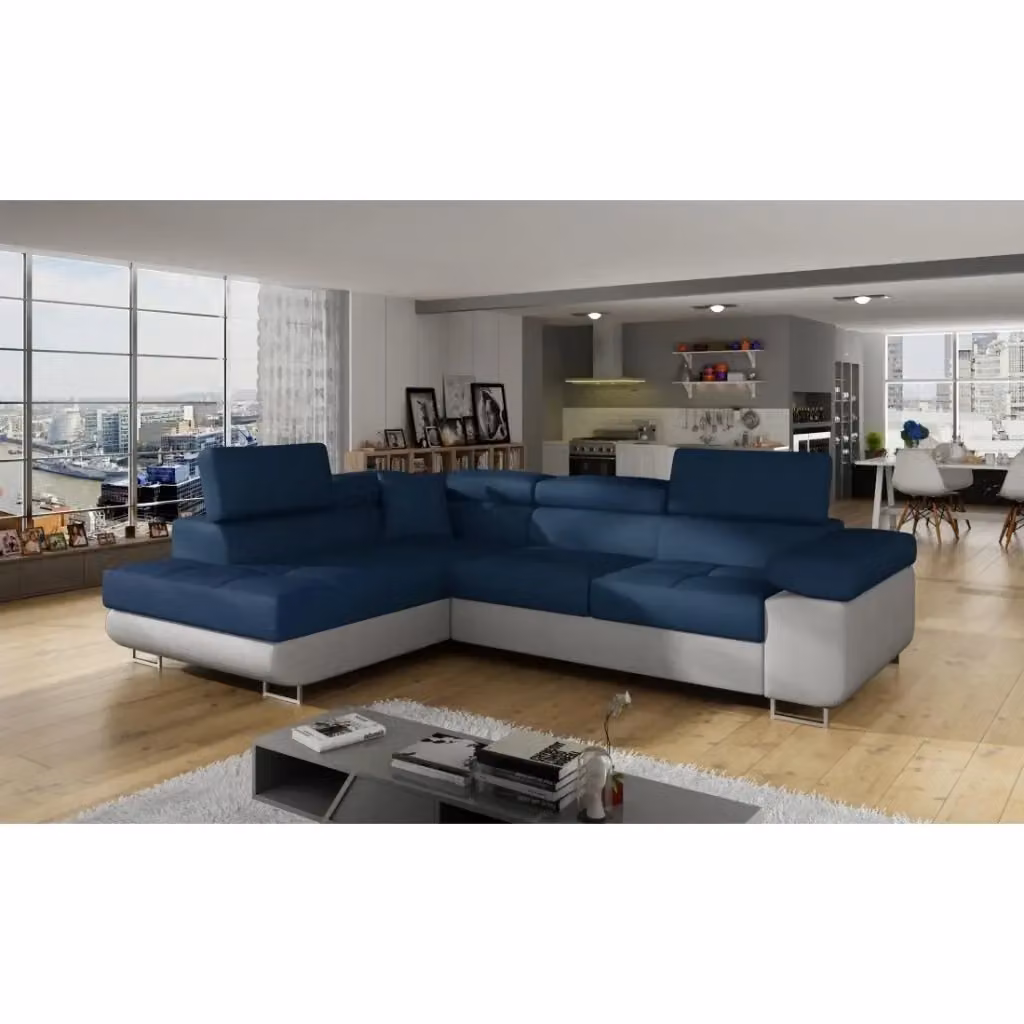 Divano angolare trasformabile MENTON MEUBLORAMA blu oceano e bianco in tessuto bouclé con angolo sinistro e contenitore L/P/H: 272 x 145 x 85 cm – 2