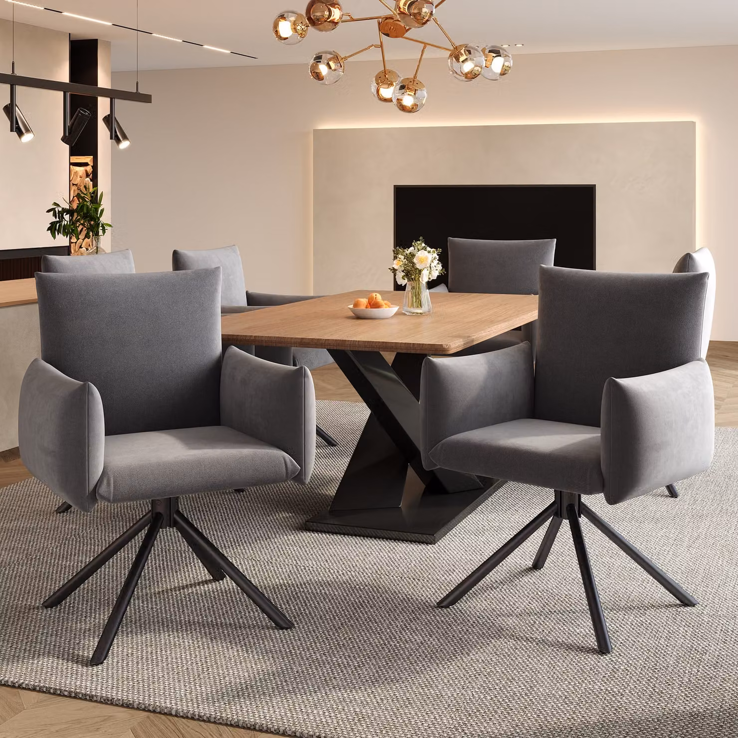 Sedie da pranzo Flieks (6 pezzi), poltrona girevole a 360°, sedia imbottita in velluto, sedia da pranzo con 4 gambe in metallo, materiale traspirante, grigio