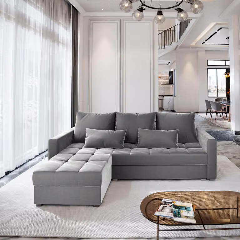 Divano angolare KOS PIK di Masseno con funzione letto a L, divano con box letto, divano da soggiorno, divano, divano letto, set di divani - grigio chiaro, PAROS 05