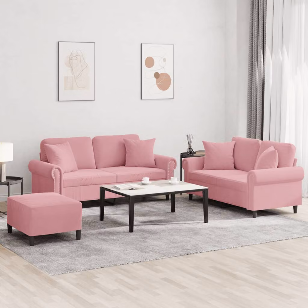 Set di divani L vidaXL in velluto rosa con cuscini per soggiorno in stile moderno – 1