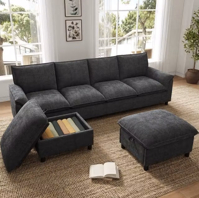 Divano angolare modulare ULEVR 264,5x142,5 cm in ciniglia nera con 2 pouf mobili e vano contenitore