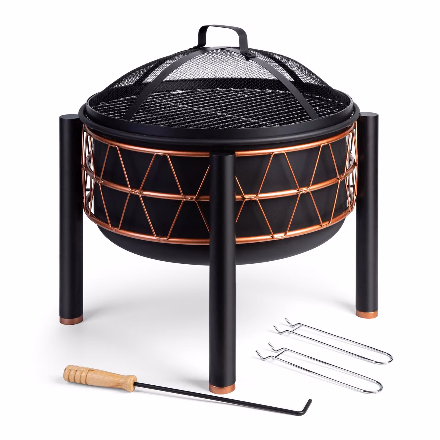 VonHaus Braciere 2-in-1 con Griglia BBQ per Esterni, Giardino e Patio, in Acciaio Nero con Dettaglio Rame