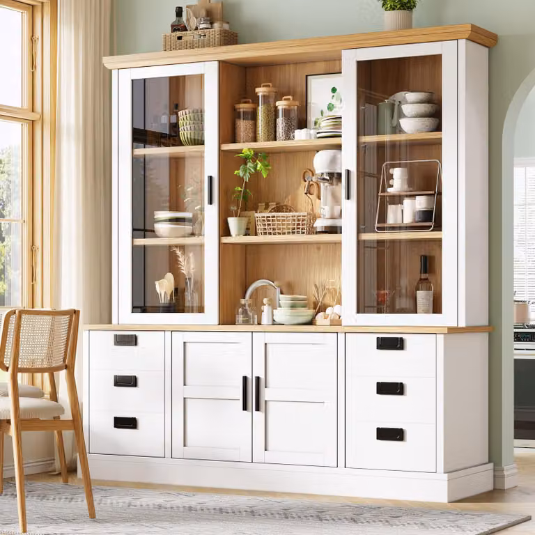 Mobile da cucina alto Flieks con 6 ampi cassetti e ante in vetro, mobile contenitore con sistema antiribaltamento e guide metalliche, credenza 140x40x185 cm, bianco