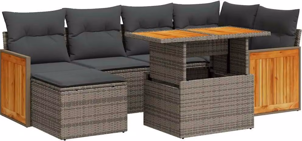 Set Divani da Giardino 7pz con Cuscini Grigio Polyrattan Acacia