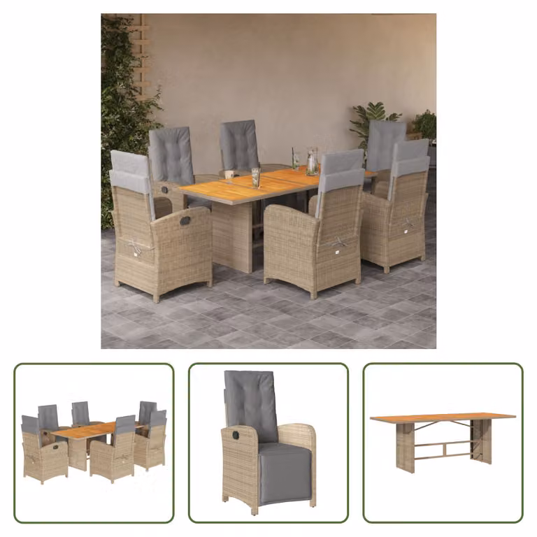 The Living Store Set da pranzo da giardino 7 pezzi con cuscini Beige poly rattan