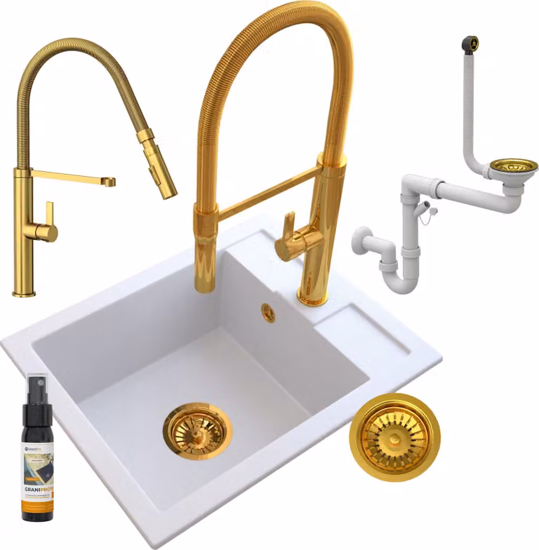 Granitan - Lavello in granito - Lavello da cucina - 50x40 cm - Bianco - con rubinetteria FULL GOLD e sifone dorato - BEST