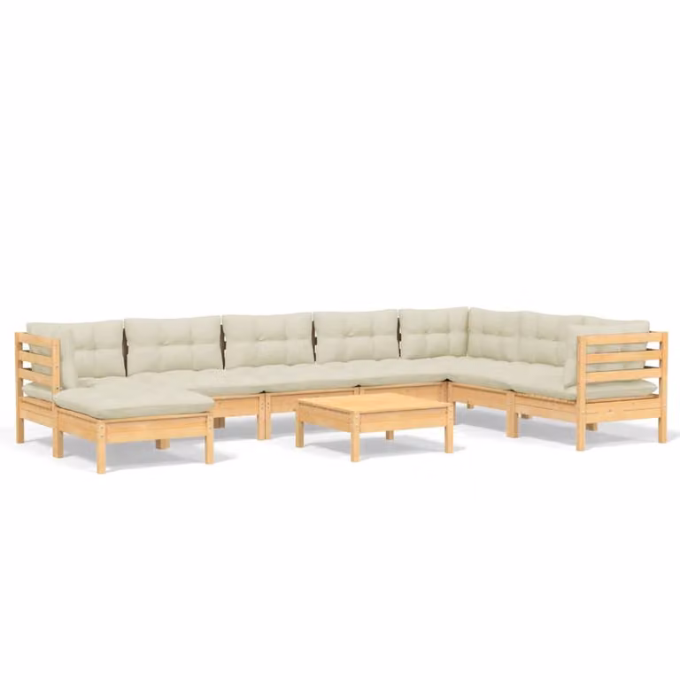 Set Divani da Giardino 9 pz con Cuscini Crema in Massello di Pino