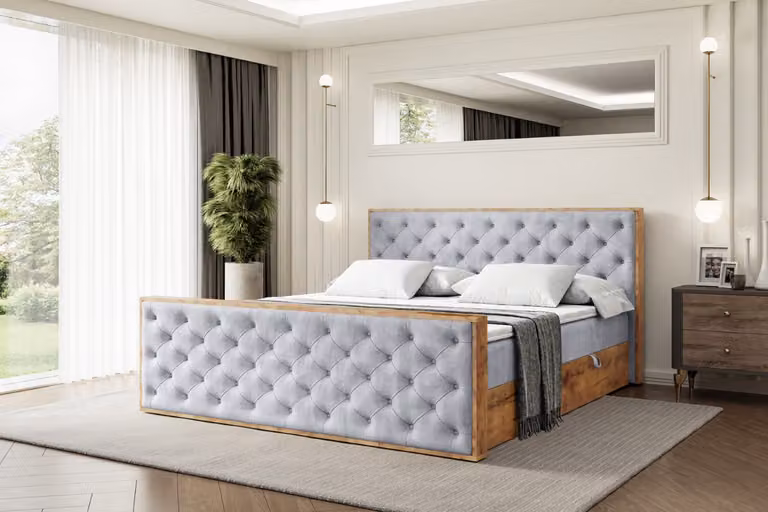 Letto boxspring ALTDECOR con materasso e rete a doghe, topper, pediera, letto imbottito con contenitore, letto con spazio contenitivo, materasso H3, letto matrimoniale, letto a cassettoni - LOLLI3-Z - 140x200 - Grigio Monolith