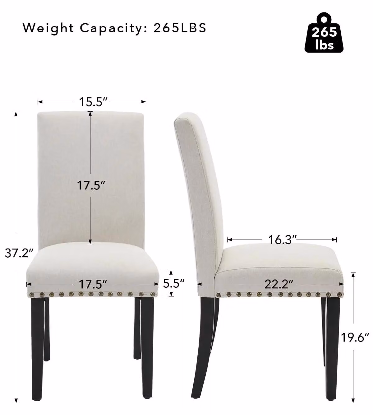 Set di 2 sedie da pranzo - Sedie moderne con schienale alto - Rivestimento in tessuto - Imbottite - Gambe in legno - Ergonomiche - Bianche con borchie