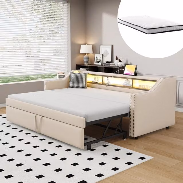 Divano letto imbottito ULEVR 90/180x190 cm estraibile con LED, USB e 3 vani laterali, beige