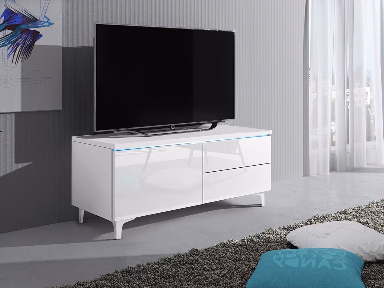 Tavolino per TV su gambe con illuminazione a LED FERNS 11 - bianco / bianco lucido, sinistro