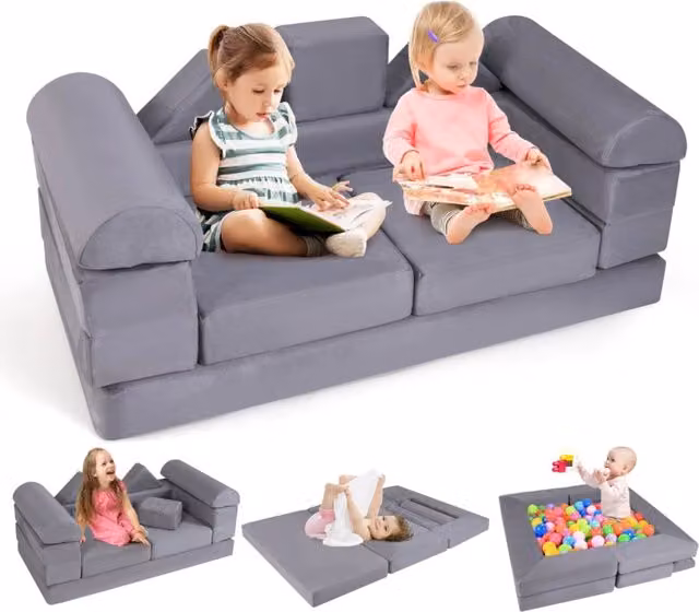 Divano giocattolo modulare per bambini con tessuto suede coperture lavabili, Set di gioco in schiuma a 9 pezzi Grigio-Divani per bimbi