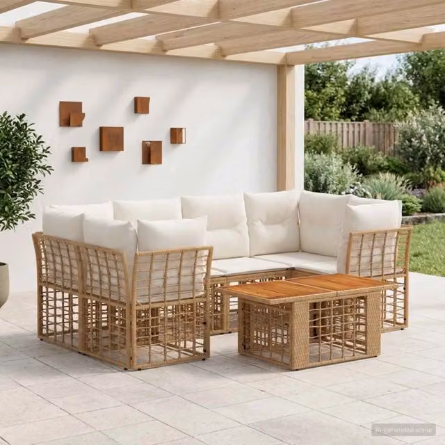 Set Divano da Giardino a L con Tavolino vidaXL, 7 Pezzi in Polyrattan Naturale e Bianco Crema con Cuscini Imbottiti e Struttura in Acciaio