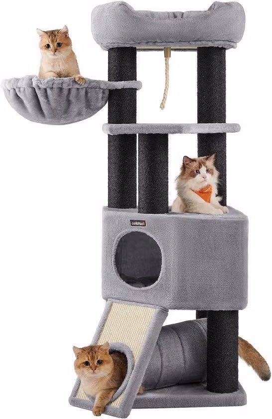 Grande torre per gatti con morbida piattaforma panoramica, seduta e nascondiglio - Torre in velcro grigio chiaro con robusti montanti