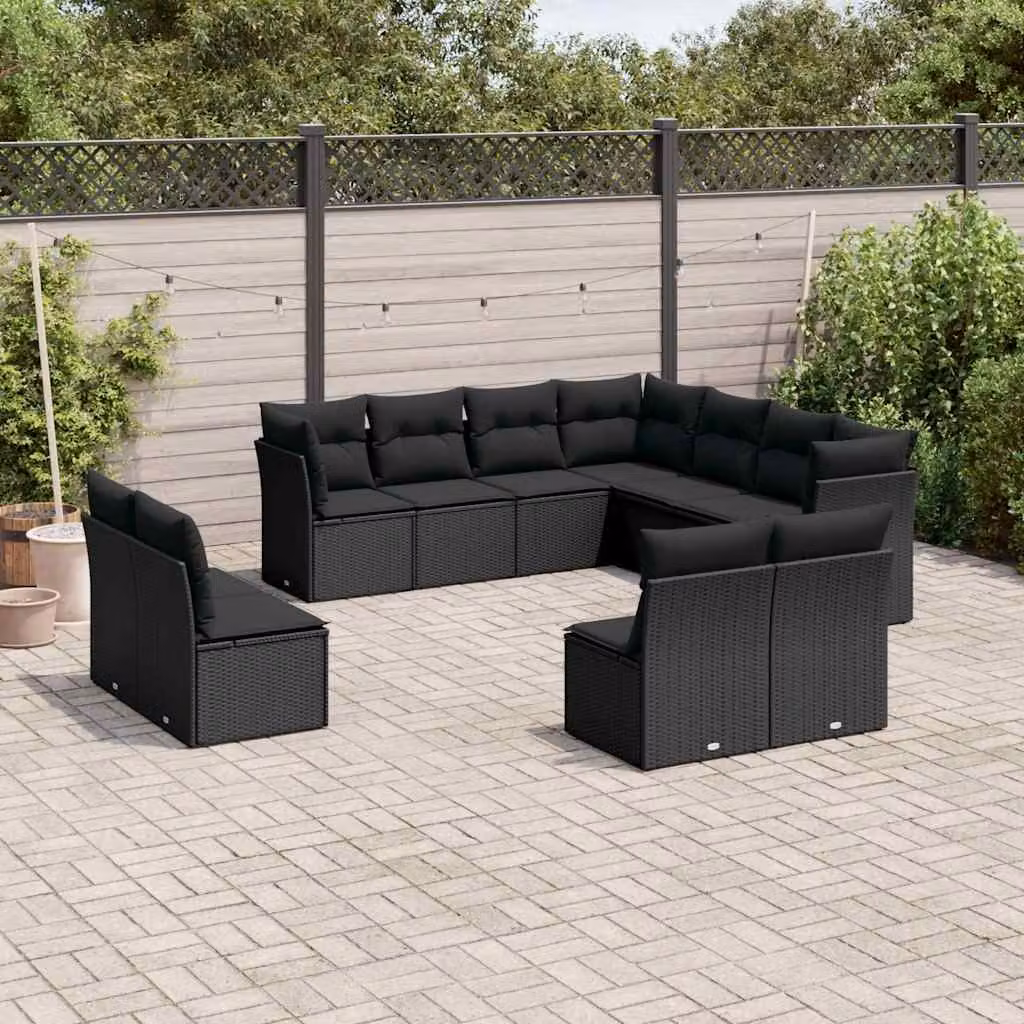vidaXL Set di Divani da Giardino a Forma di U composto da 11 Pezzi in Polyrattan Nero con Cuscini Imbottiti e Rivestimenti Rimovibili – 1