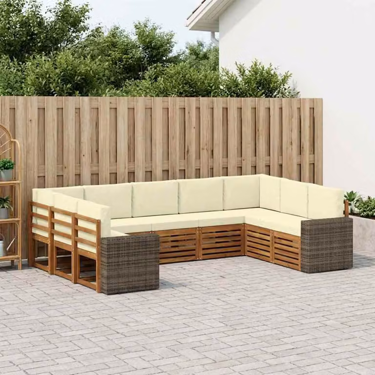 Set di divani da esterno vidaXL a forma di U composto da 9 pezzi in legno di acacia con cuscini beige e bianchi in poliestere resistente ai raggi UV