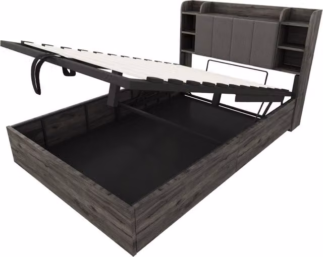Letto singolo salvaspazio con contenitore idraulico e ripiani, porta USB, in tessuto grigio e MDF, L/P/H: 140 x 200 x 144,5 cm