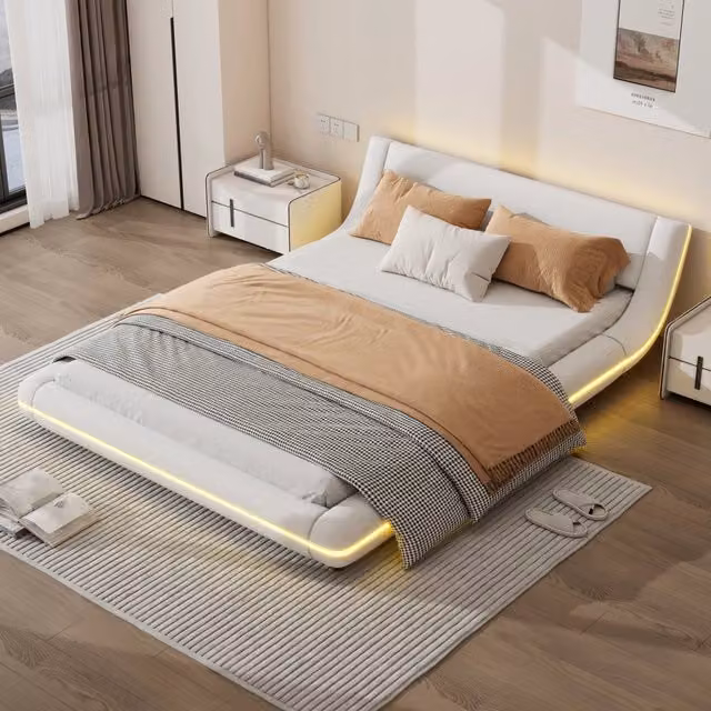 Letto basso matrimoniale 200×140 cm, illuminazione LED regolabile, senza materasso, PU e MDF, bianco