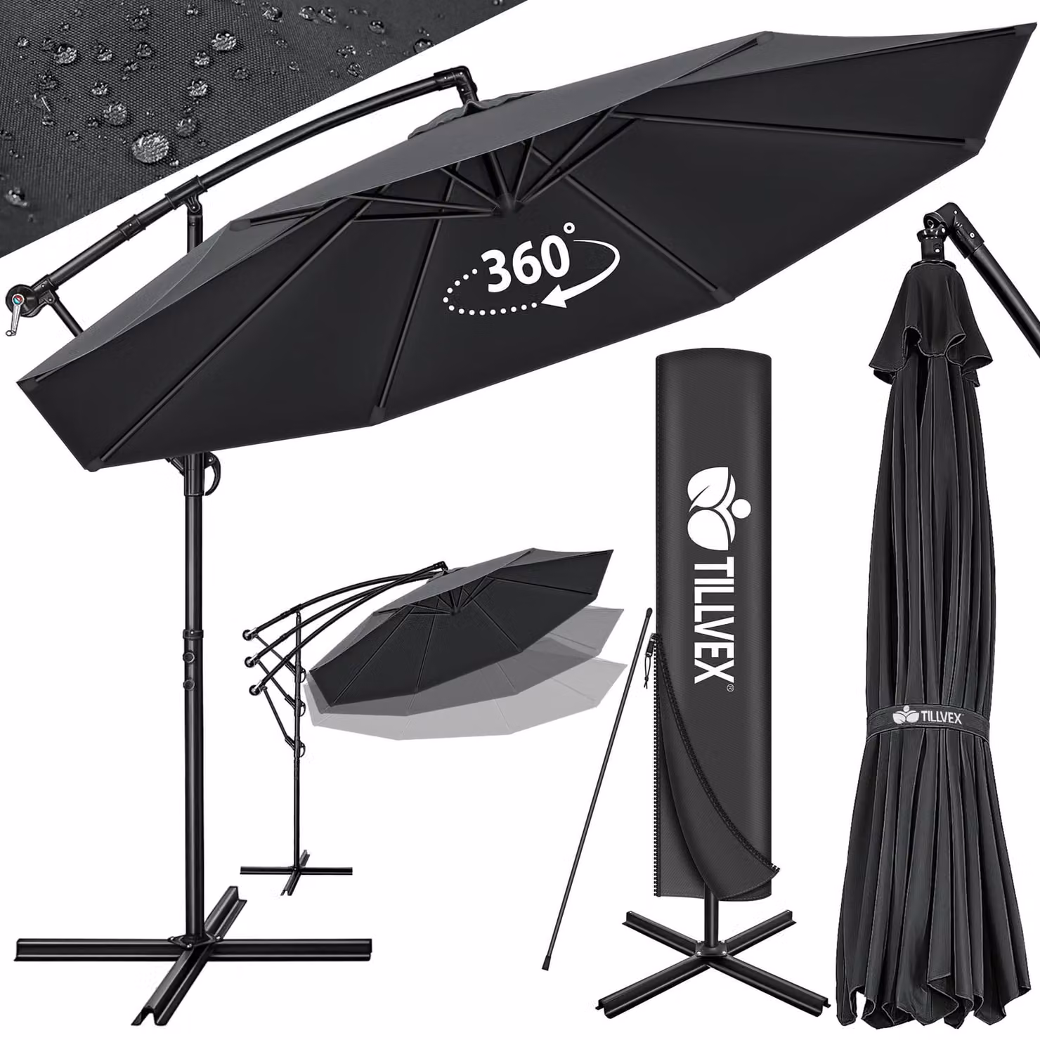 tillvex ombrellone antracite Ø 350 cm ombrellone sospeso ombrellone da giardino ombrellone da mercato ombrellone a manovella balcone alluminio inclinabile antracite - Ø350cm