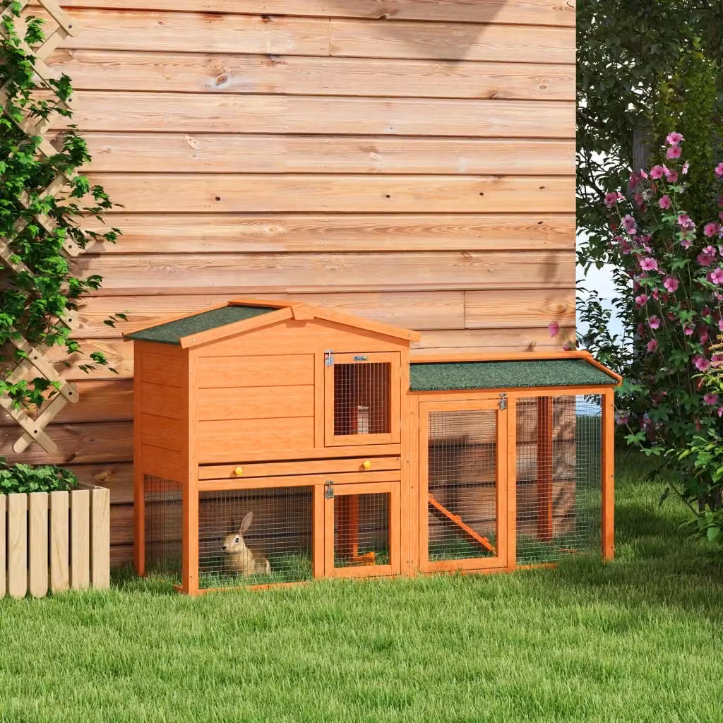 Conigliera da esterno a 2 piani GIORDANOSHOP in legno di abete e metallo L: 150 cm, P: 45 cm, H: 85 cm – 2