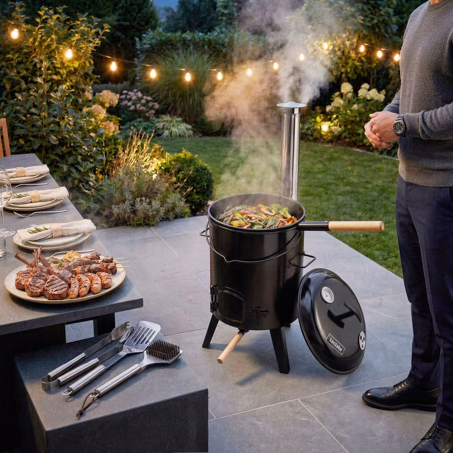 Barbecue da campo Rocket tectake in acciaio nero con termometro e accessori inclusi – 2