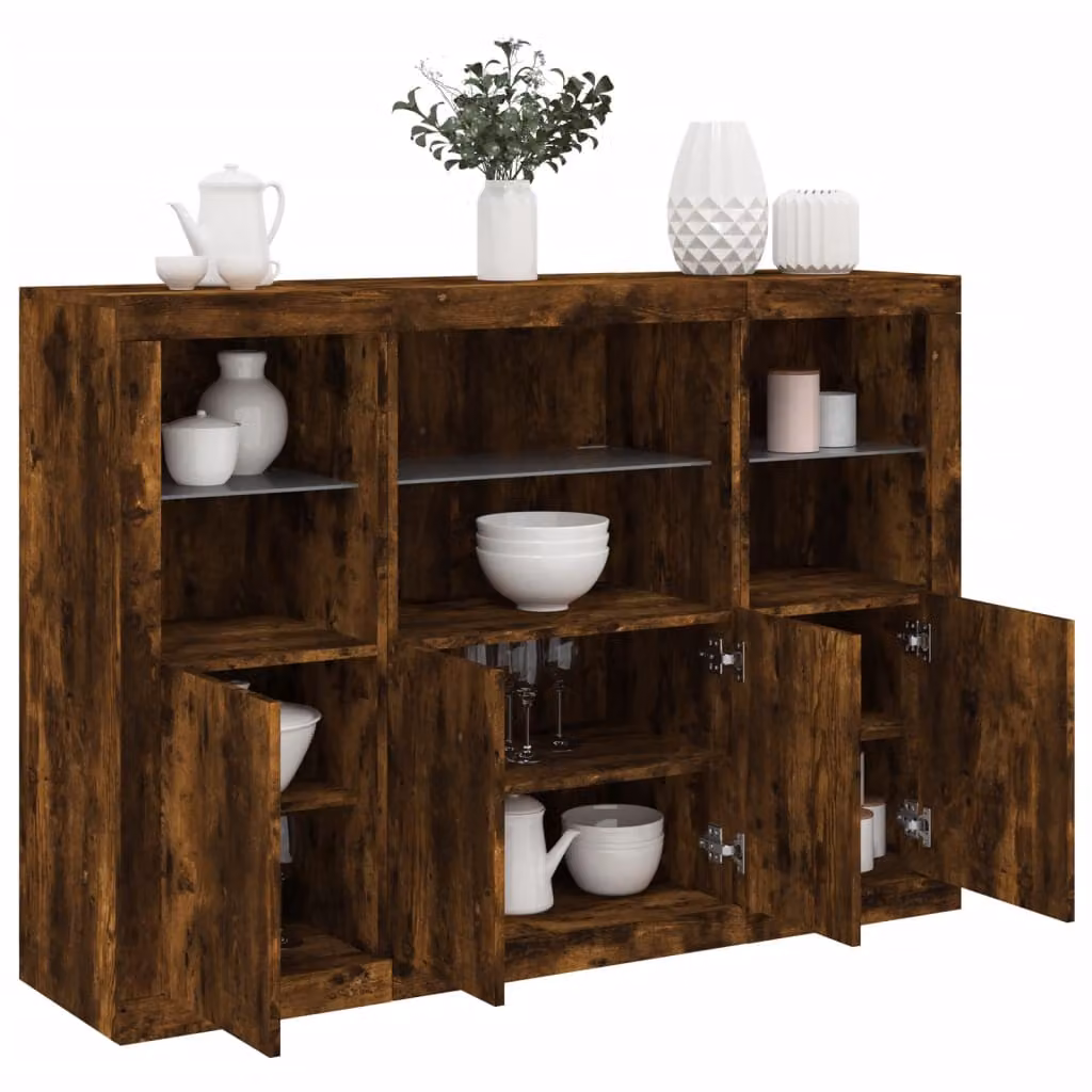 Set di 3 credenze moderne vidaXL con luci LED integrate in legno multistrato e MDF, colore rovere fumo marrone