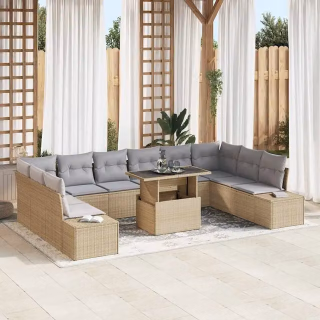 vidaXL Set Divano da Giardino 11 pz Beige in Polyrattan con Cuscini e Tavolino – 1