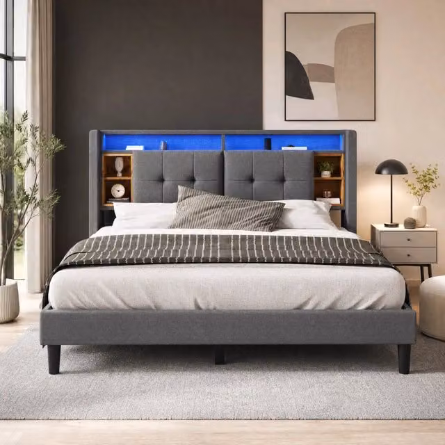 Letto matrimoniale imbottito 160x200 cm grigio con contenitore testata, USB, LED e rete a doghe in legno