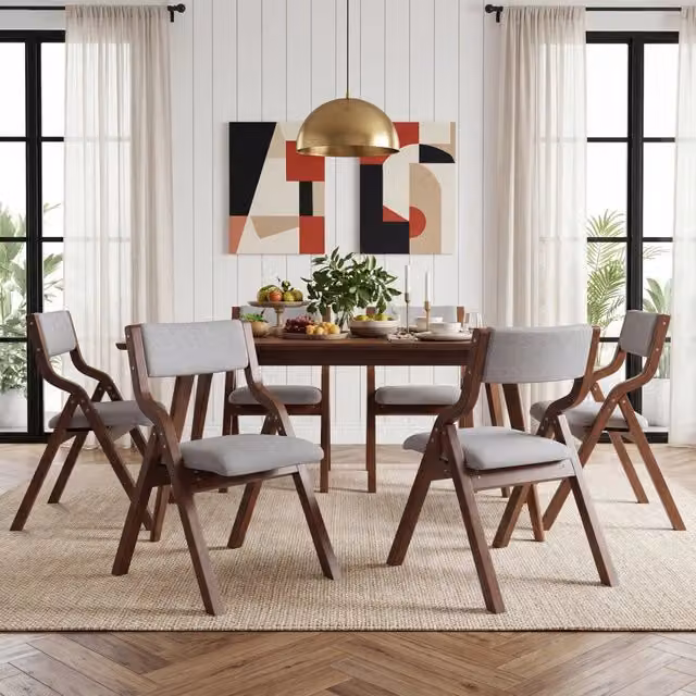 Set di 6 sedie pieghevoli WISHDOR in legno massello con rivestimento in lino grigio e seduta imbottita per sala da pranzo e soggiorno – 1