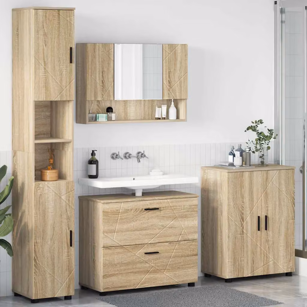 Set di mobili per il bagno vidaXL 4 pezzi marrone con armadietto specchio, colonna, mobile laterale e mobile sottolavabo, L/P/H: 35 x 30 x 192 cm