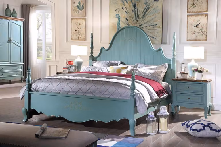 Schlafzimmer Landhaus Möbel 4tlg. Set Bett 2x Nachttisch Hocker Holz Betten