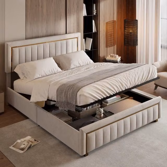 Letto Matrimoniale Imbottito 180x200 cm; Letto Contenitore Idraulico; Struttura Letto con Testiera in Velluto; Beige; Senza Materasso