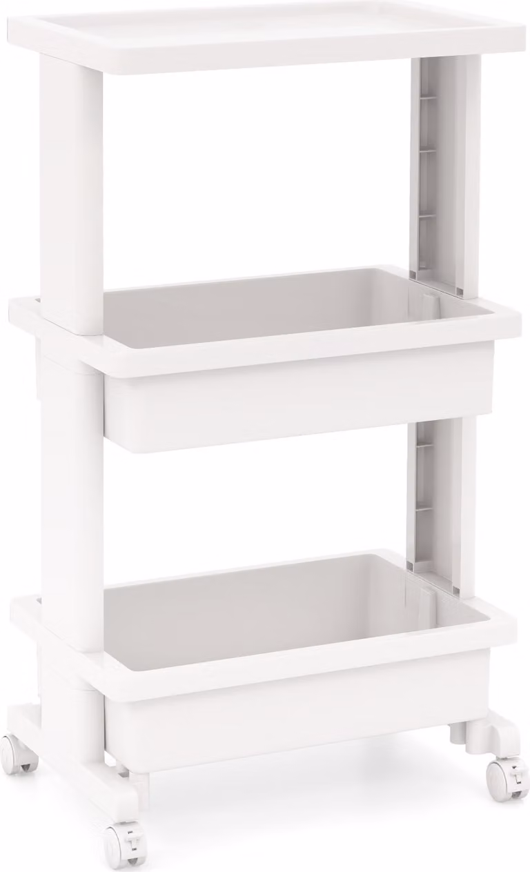 COSTWAY Carrello a 3 livelli con piano d'appoggio, robusto carrello in plastica con ruote bloccabili, carrello portaoggetti multifunzionale in bianco