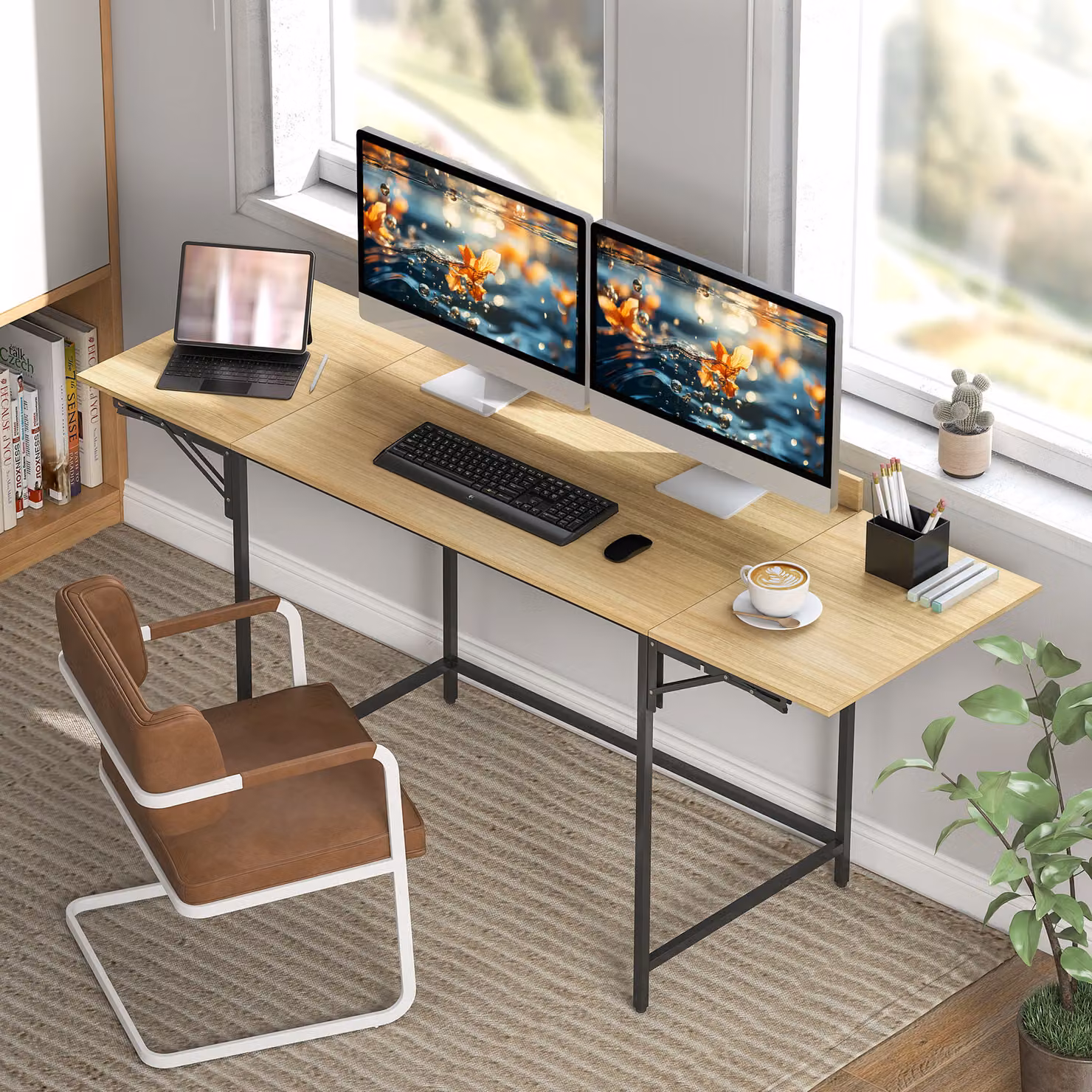 Scrivania per Computer Aosom con 2 Piani Estraibili e Struttura Pieghevole, Rovere e Nero – 2