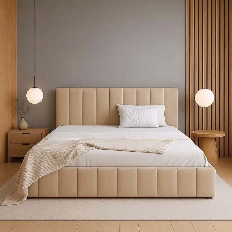 Letto imbottito moderno Sofello 140x200 con base a doghe in legno e funzione di sollevamento, in tessuto velluto beige, con contenitore (tessuto non tessuto sul fondo) e vano portaoggetti.