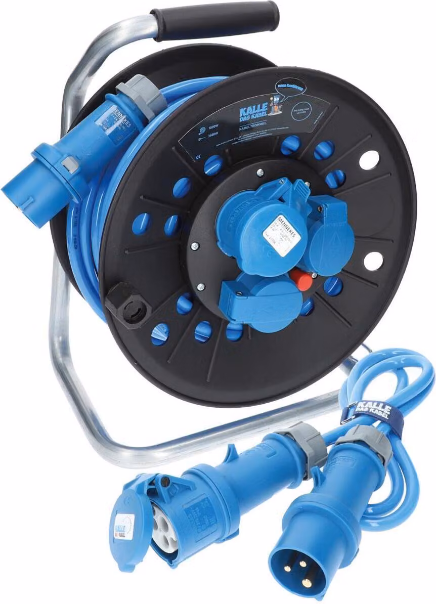 KALLE DAS KABEL avvolgicavo da campeggio CEE H07RN-F 3G 2,5 mm² 230V 16A Extreme Blue IP44 25 metri in set con cavo di collegamento 1,5 metri