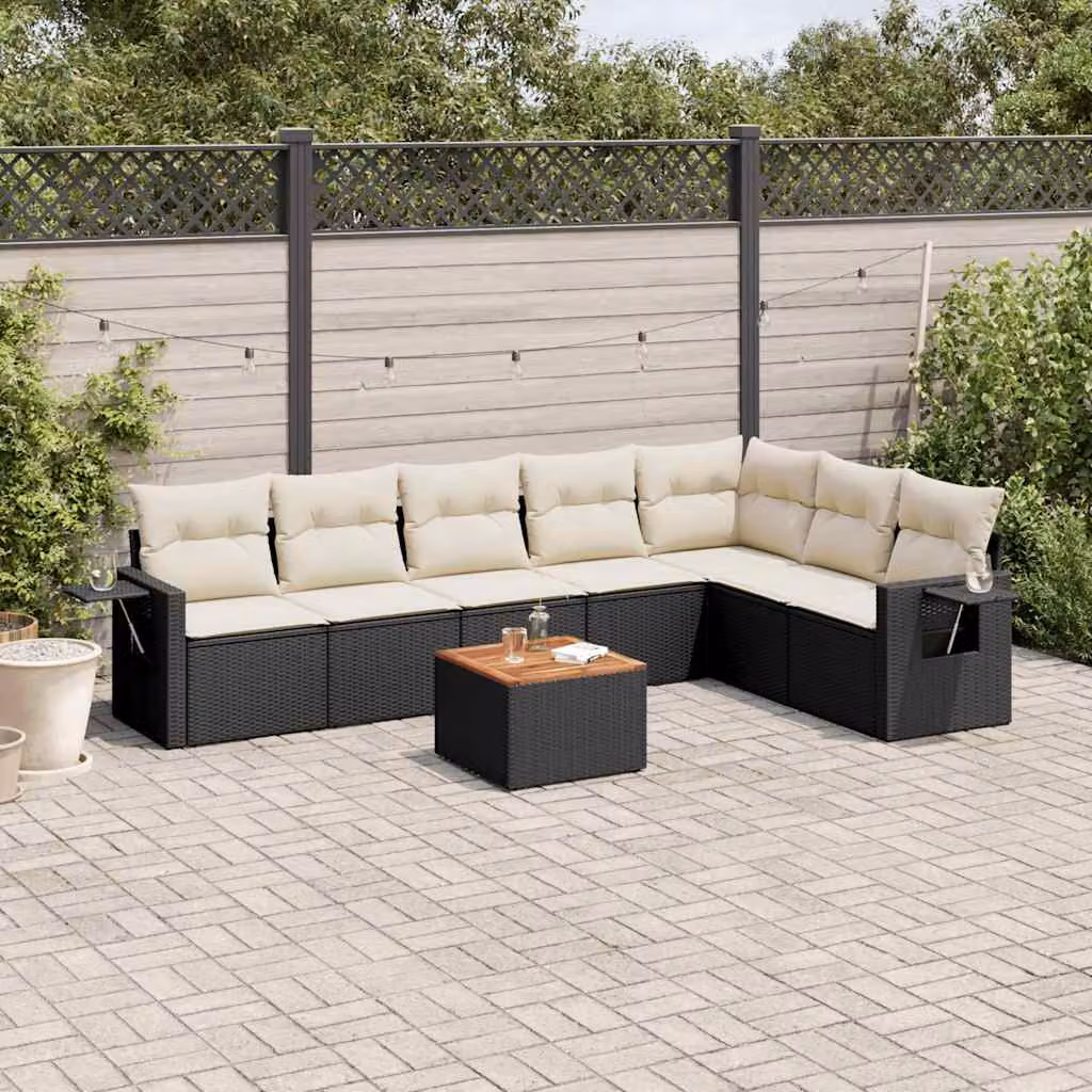 vidaXL Set Divani da Giardino a L con Cuscini 8 pz in Polyrattan Nero e Legno di Acacia – 1