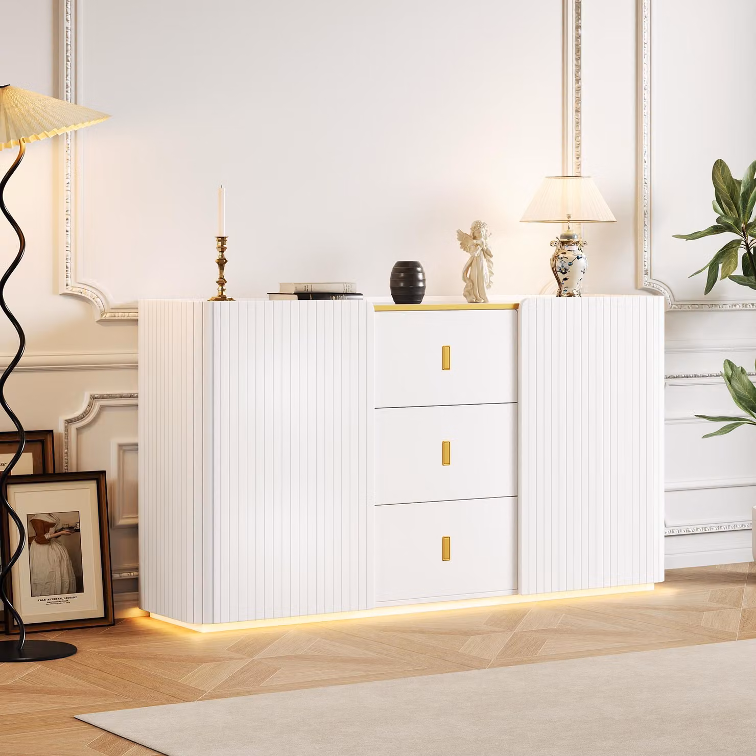 Comodino okwish con illuminazione a LED, 2 ante e 3 cassetti, mobile contenitore per soggiorno o sala da pranzo, bianco