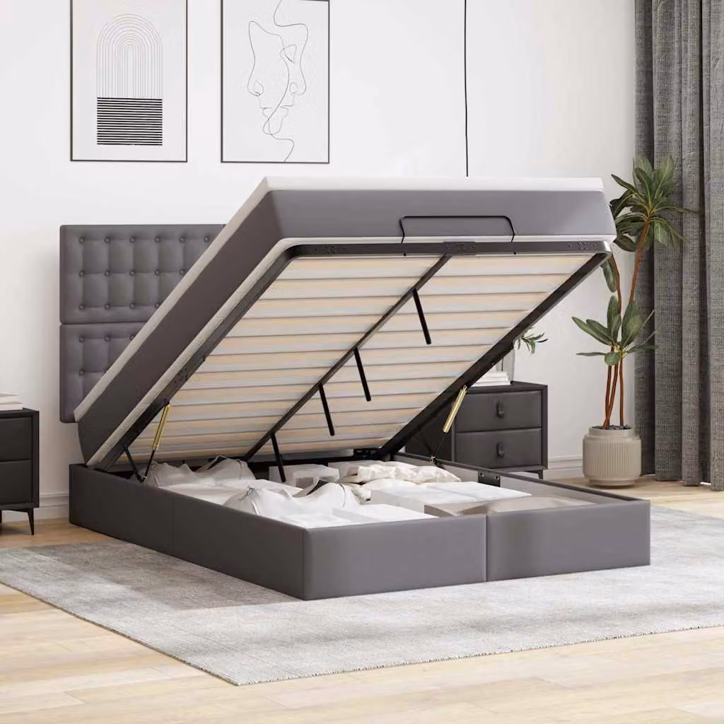 Letto con contenitore e materasso vidaXL in similpelle grigio e bianco L/P/H: 203 x 140 x 128 cm