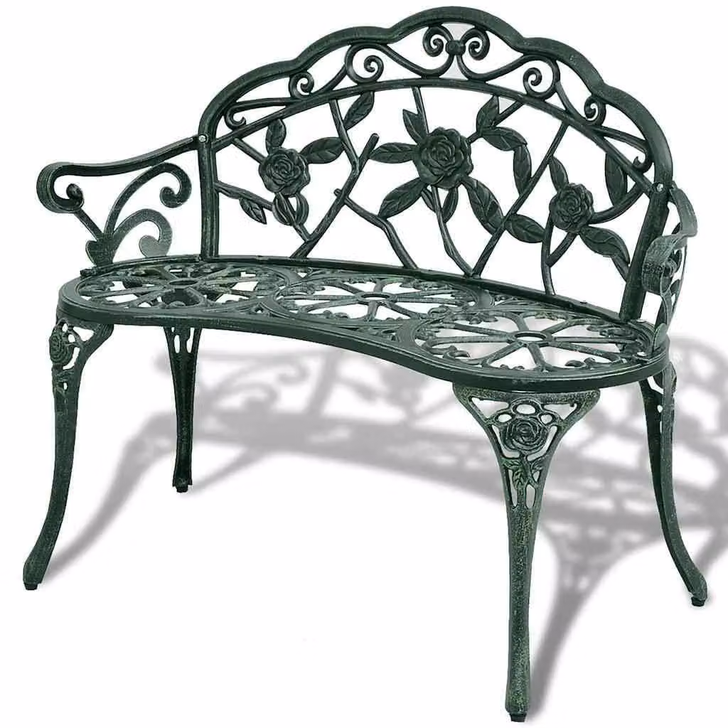 Panca da giardino in alluminio pressofuso - 100 cm - Verde - 2 posti - Gambe in ghisa - Motivo decorativo a fiori