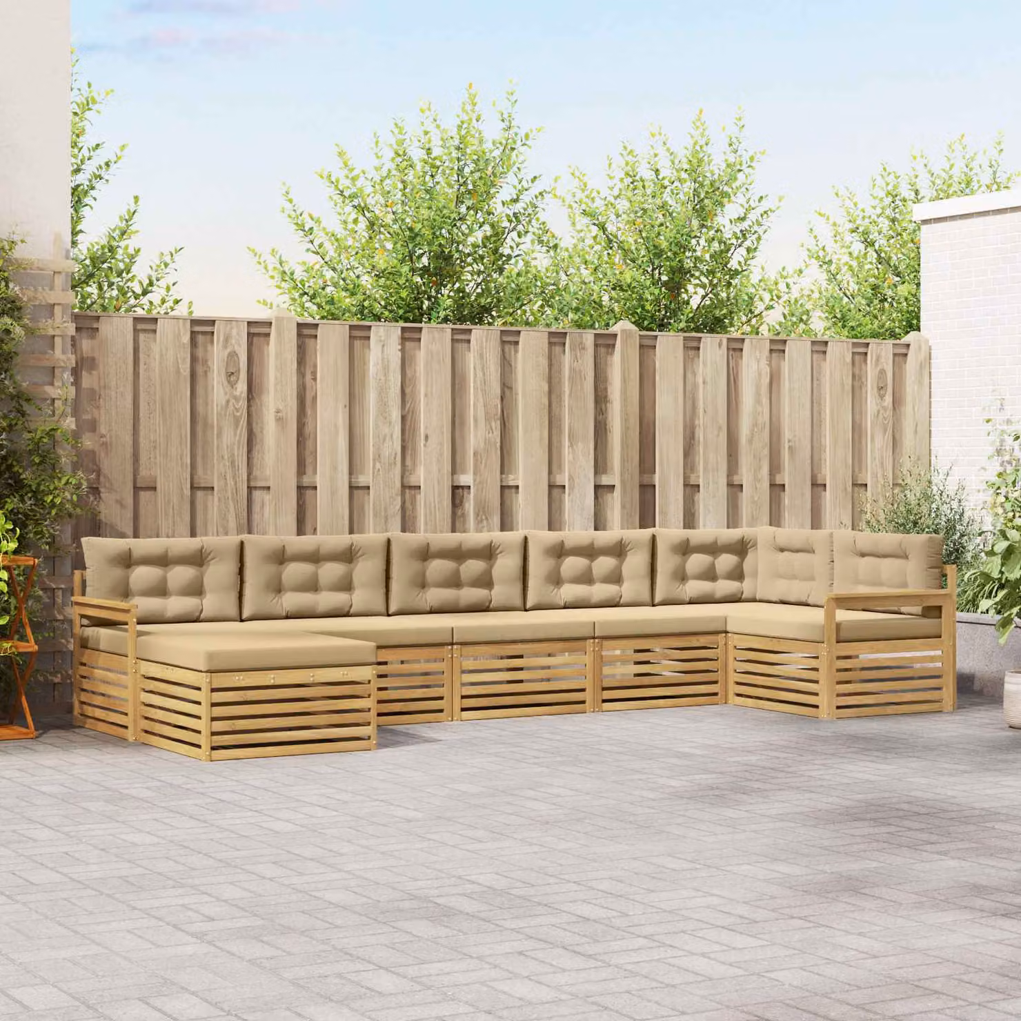 Set di divani da esterno vidaXL 7 pz in legno di acacia con cuscini Bianco e Beige