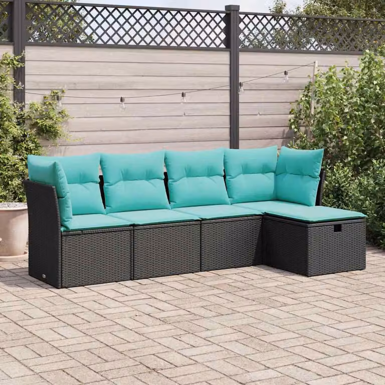 Set Divani da Giardino vidaXL 5 pz a Forma a L con Cuscini, Struttura in Acciaio e Polyrattan, Colore Nero, Blu e Turchese