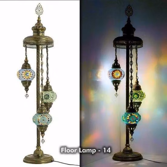Lampada Mozaïek Oosterse - Lampada da terra turca fatta a mano, altezza circa 85 cm, 3 sfere di vetro colorate, LED E14 incluso