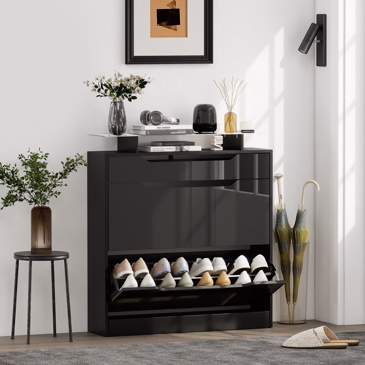 Scarpiera HOMCOM con 2 ante ribaltabili, cassetto e ripiano, Nero, L: 89 cm, P: 23 cm, H: 96 cm – 2