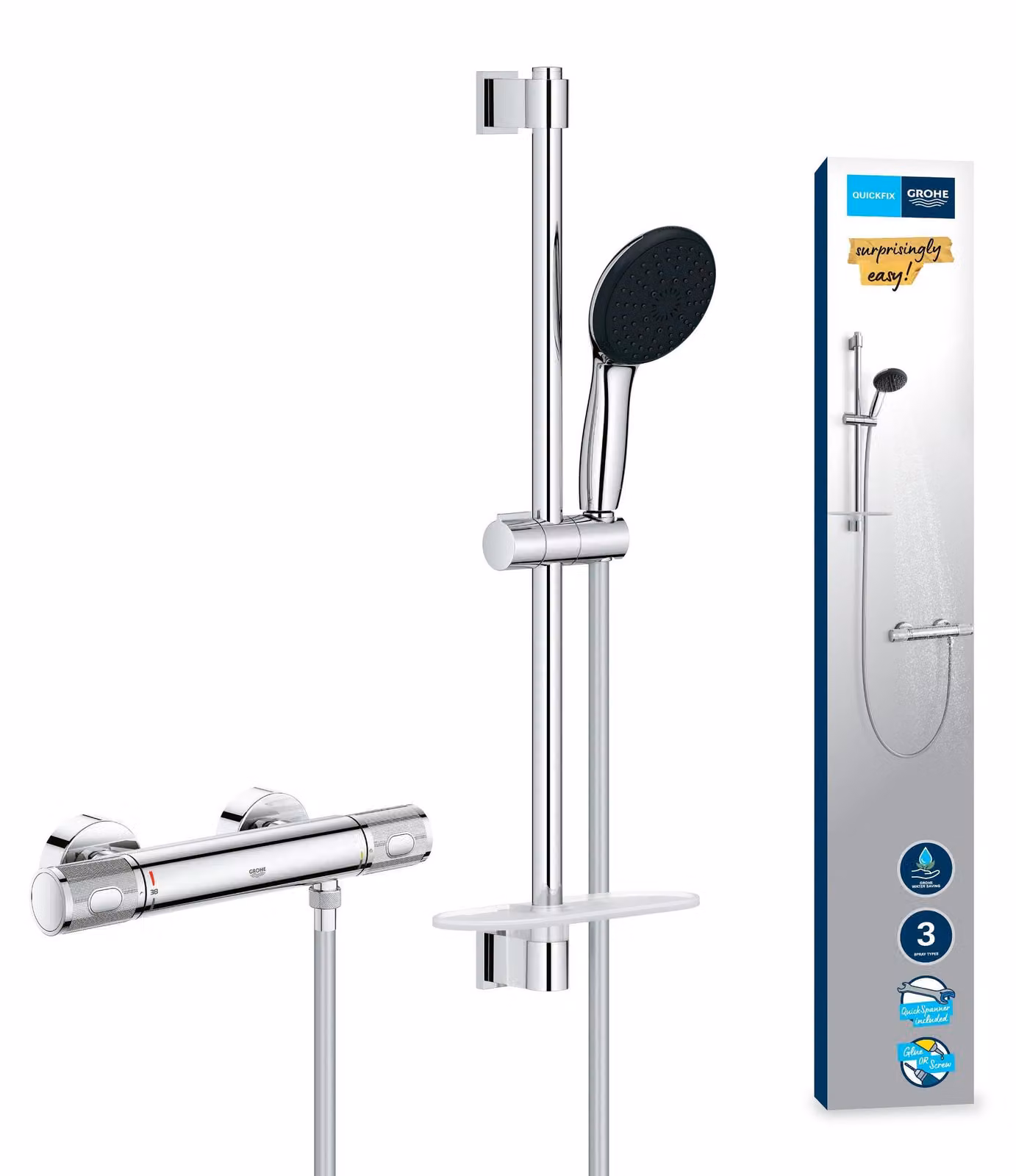 Doccia con termostato, a risparmio idrico, con 3 getti, altezza 60 cm, finitura cromata