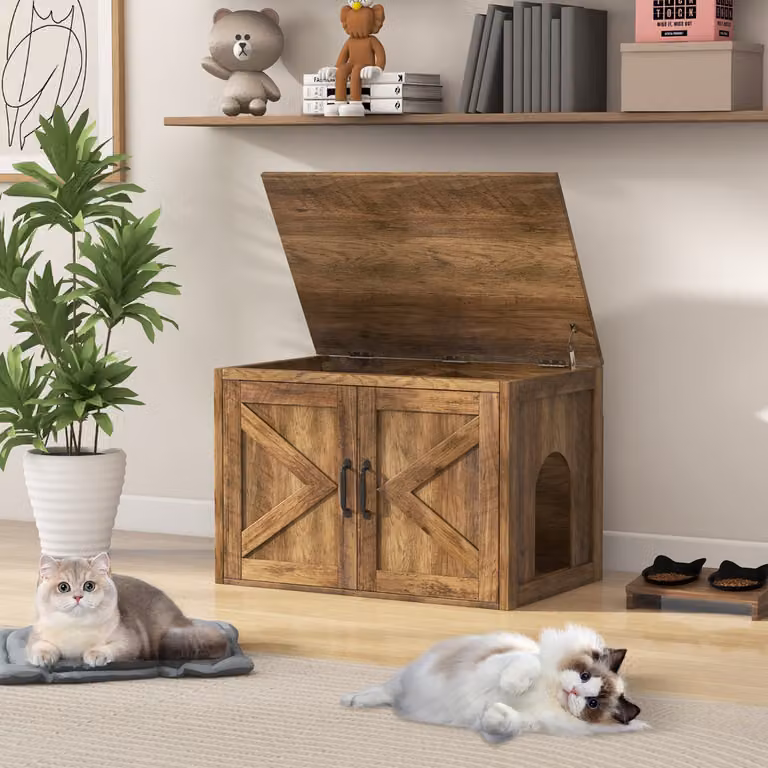 Costway Mobiletta per lettiera per gatti con doppie porte scorrevoli in legno color rovere rustico