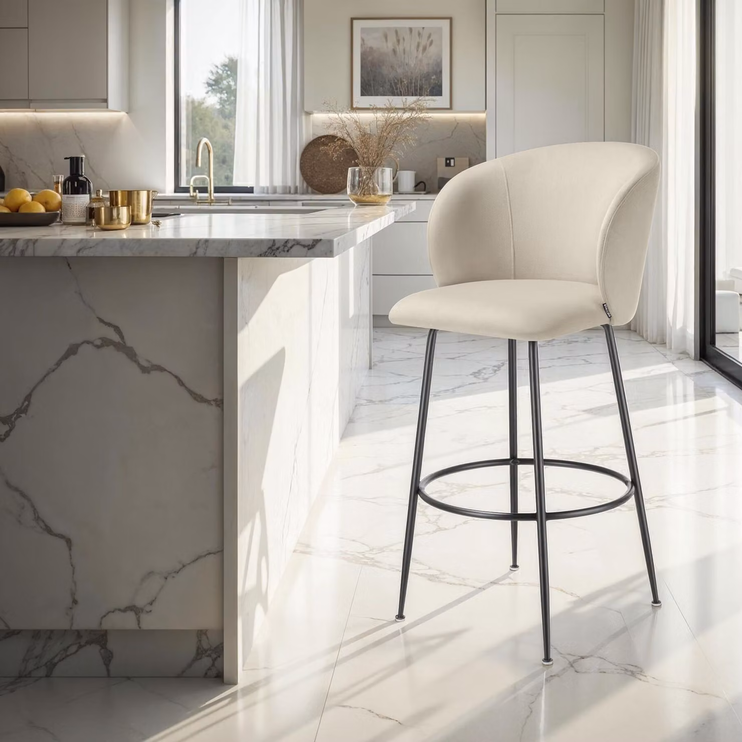 Set di 2 sgabelli Luana tectake con schienale in velluto, beige e nero, design moderno per cucina e soggiorno – 2
