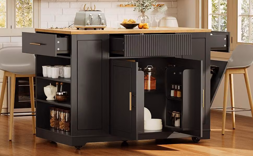 STILVORA: isola da cucina con ruote e ripiani regolabili, mobile da cucina con cassetto per i rifiuti e vano portaoggetti, credenza con cassetti, nero