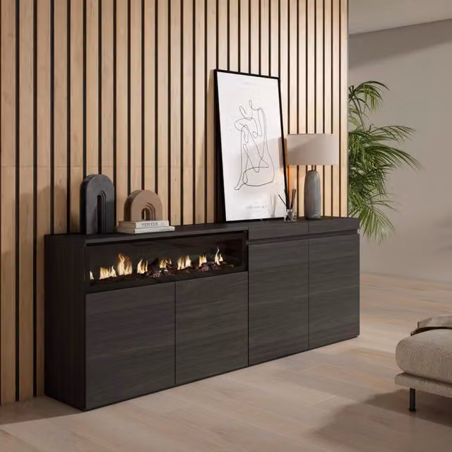 Credenza, Mobile, 200x35x75cm, 4 Porte, Camino elettrico, Nero RF2385